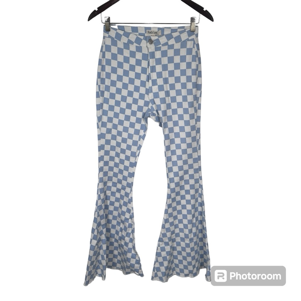 NWT Peach Love Off to the Races Checker Flares Small Blue White